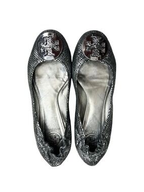 Tory Burch Reva black silver embossed snake print leather ballet flats 7-7.5